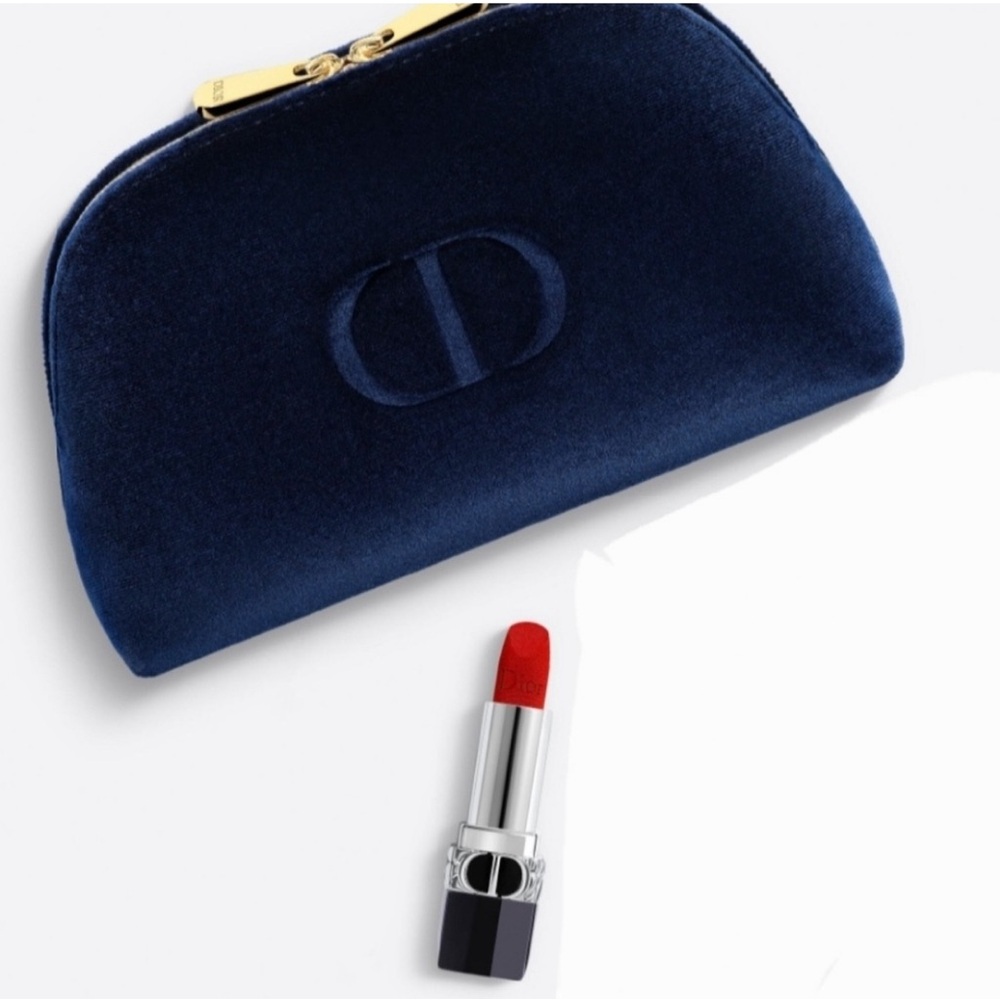 Dior Navy Velvet Pouch with Scarlet Lipstick